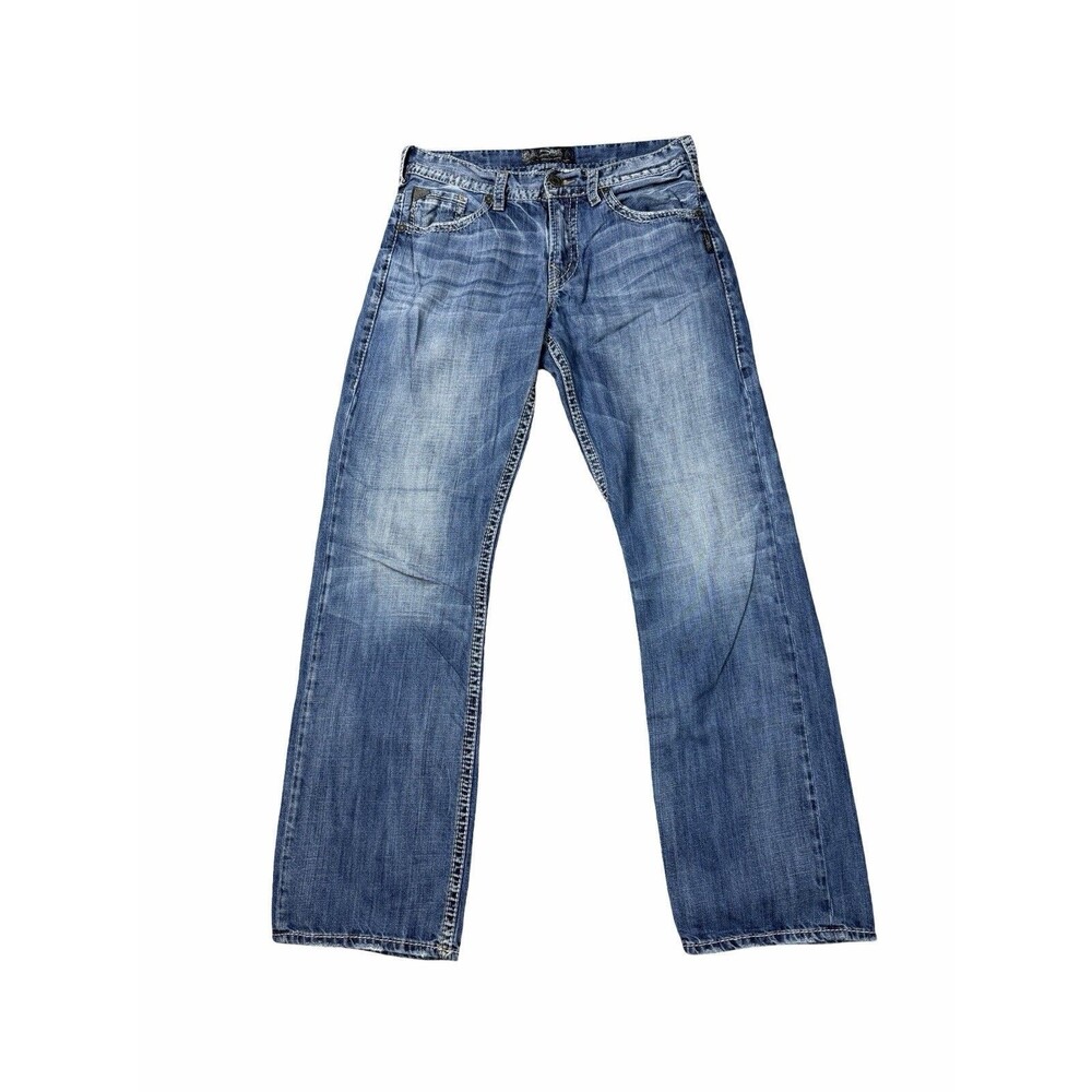 Silver Jeans Gordie Mens 32x34 Blue Straight Thick Stitch Whiskered Wash Relaxed